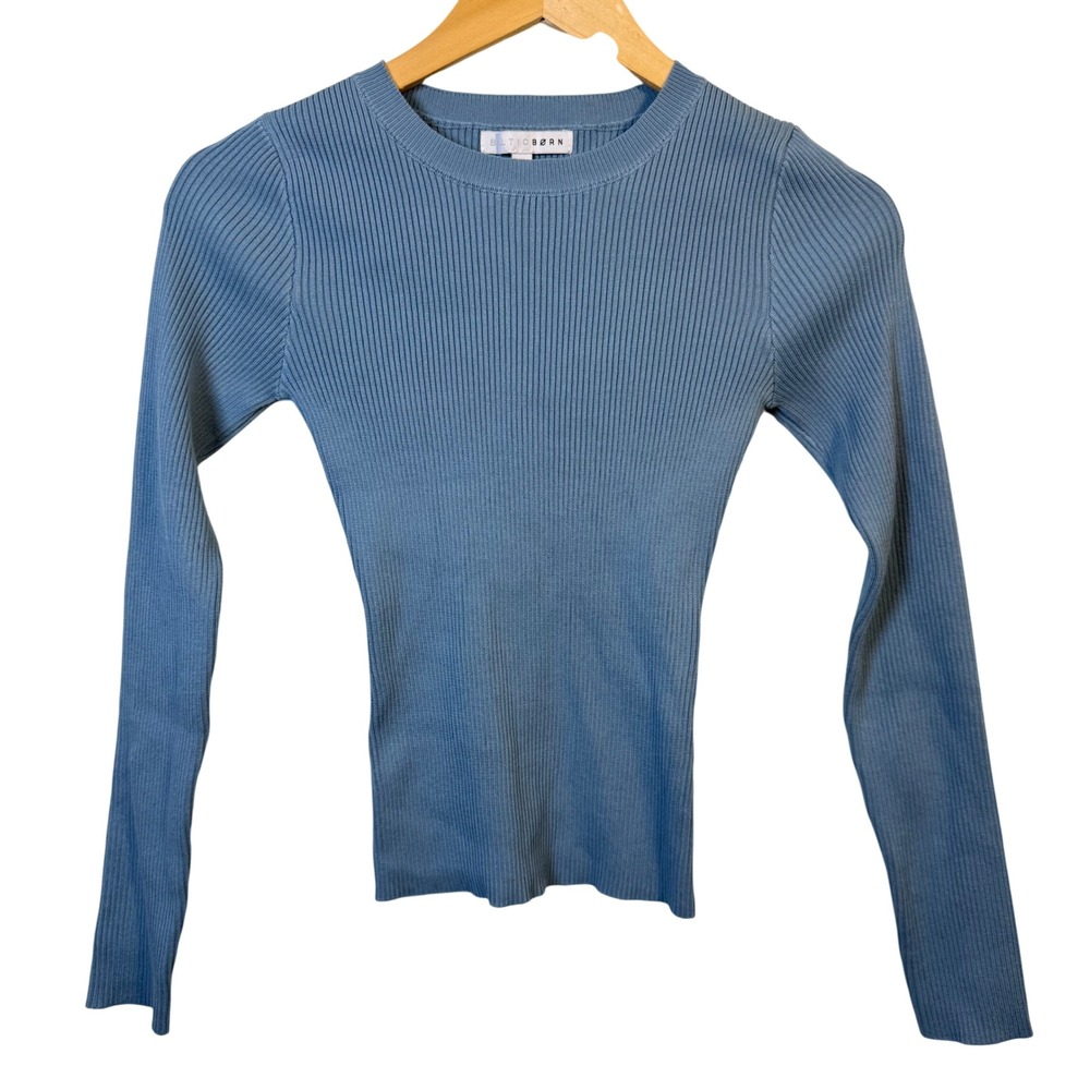BALTIC BORN Womens Shirt Small Blue Ribbed Knit Long Sleeve Crew Neck Base Layer